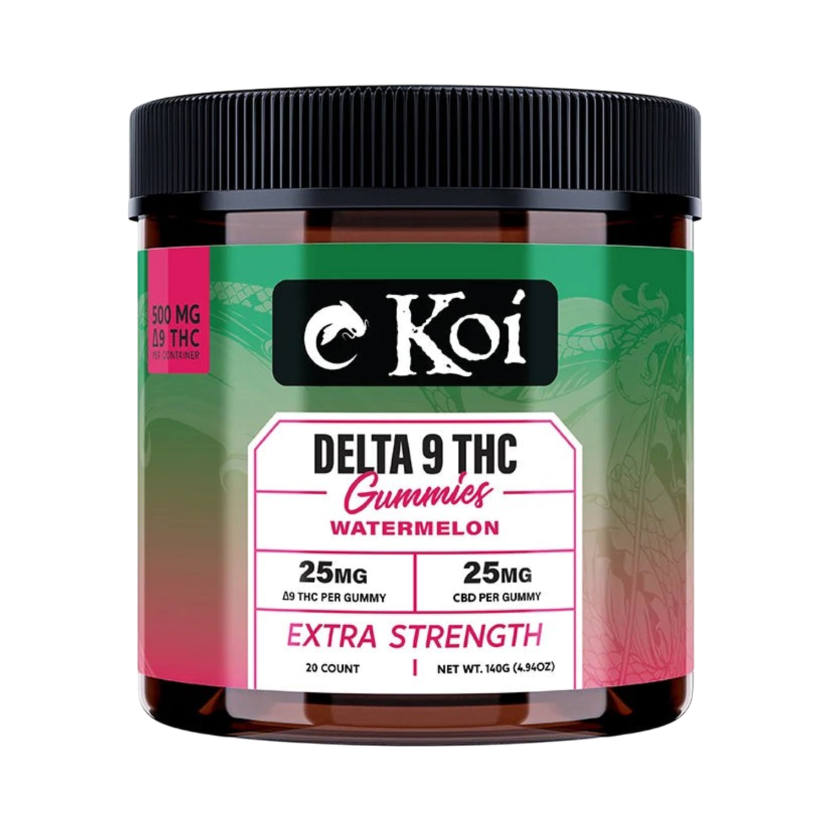 Frasco de California Leaf con gomitas Koi Extra Strength Delta 9 THC sabor sandía, 20 unidades, 500mg total.