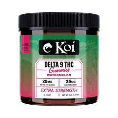 Frasco de California Leaf con gomitas Koi Extra Strength Delta 9 THC sabor sandía, 20 unidades, 500mg total.