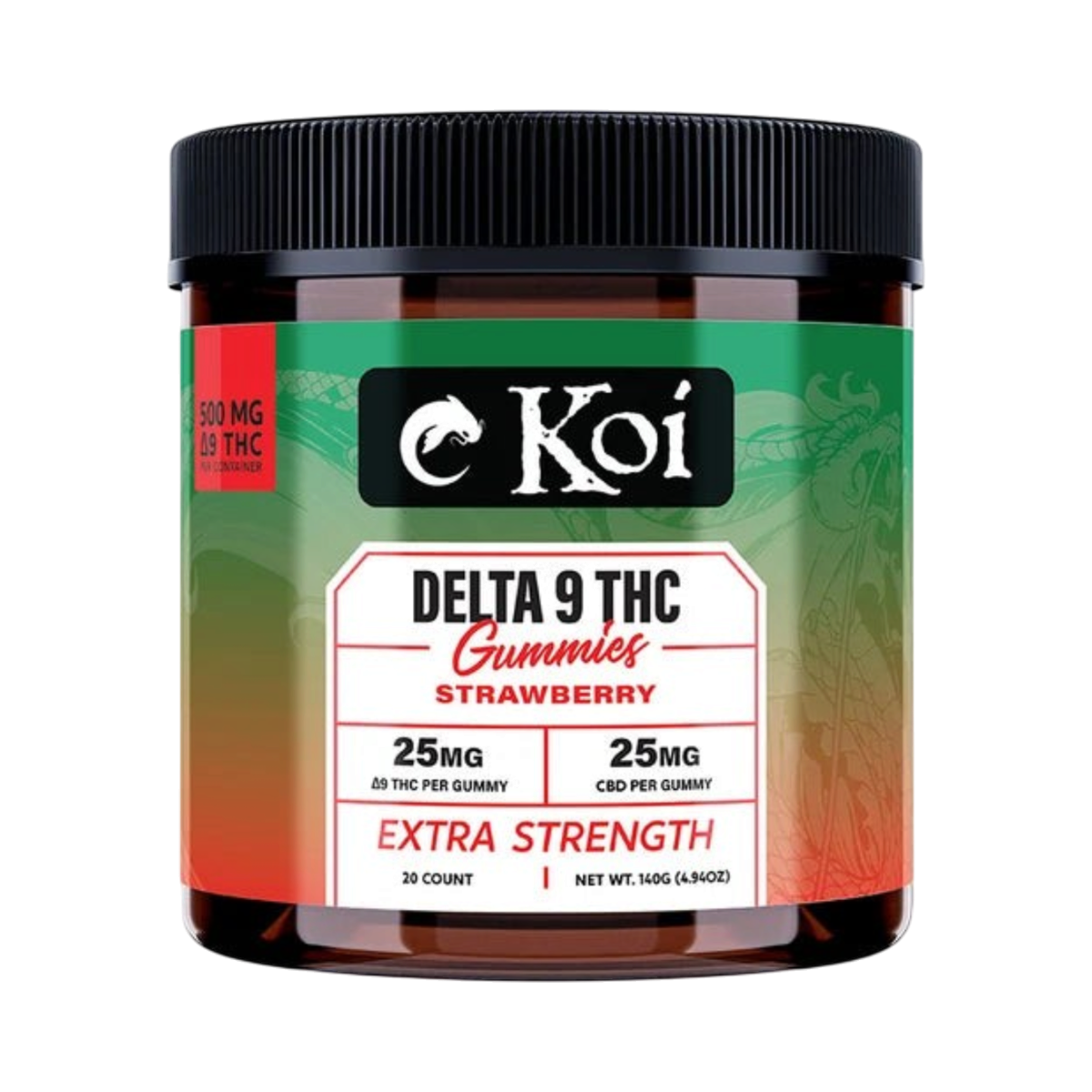 Frasco de California Leaf Koi Extra Strength Delta 9 Gummies sabor fresa con 20 unidades y 500mg de THC y CBD