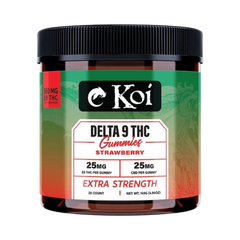 Frasco de California Leaf Koi Extra Strength Delta 9 Gummies sabor fresa con 20 unidades y 500mg de THC y CBD