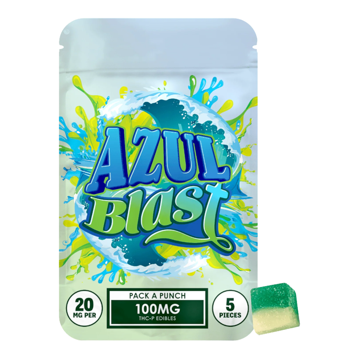 California Leaf gomitas THC-P Hidden Hills Azul Blast bicolor con 100mg en empaque resellable