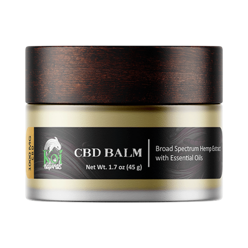 Bálsamo de CBD California Leaf Koi Naturals de 1000mg con extracto de cáñamo y aceites esenciales en frasco de 45g