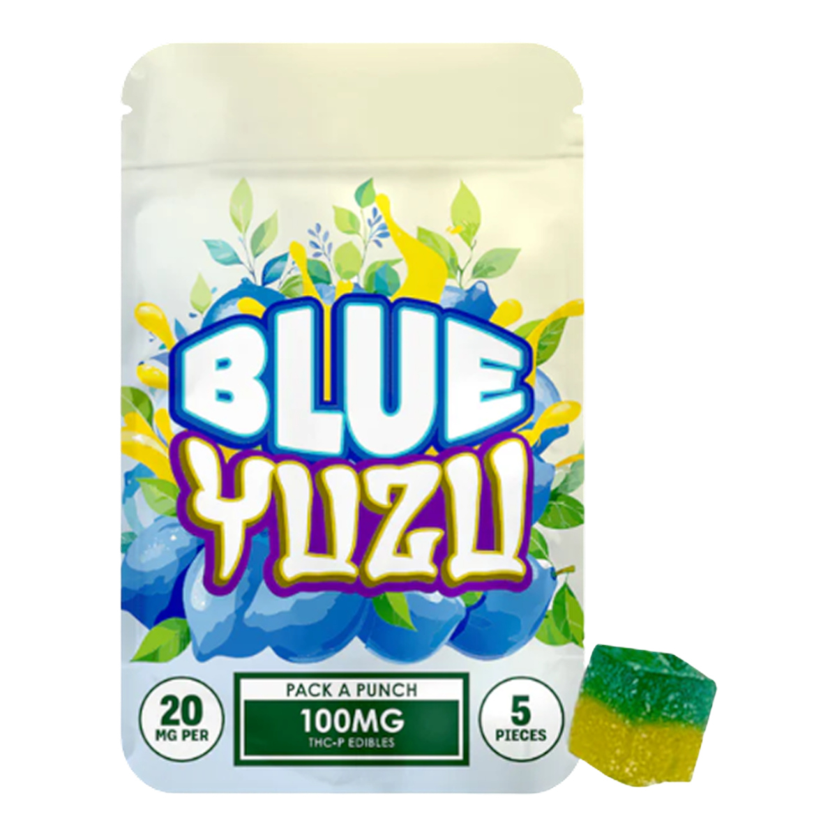 California Leaf gomitas THC-P Blue Yuzu de Hidden Hills con 100mg, envase con 5 piezas bicolor cítricas