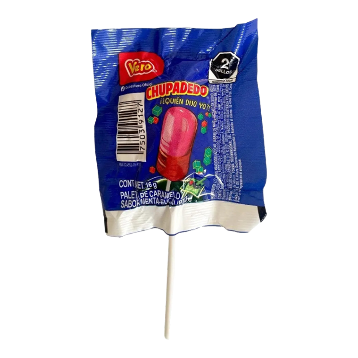 Paleta Chupadedo de California Leaf con envoltura azul, sabor menta, eucalipto y fresa en formato individual de 16g