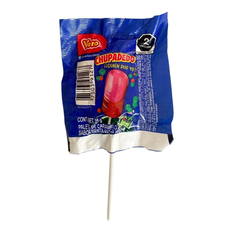 Paleta Chupadedo de California Leaf con envoltura azul, sabor menta, eucalipto y fresa en formato individual de 16g