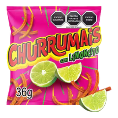 Bolsa rosa de botana California Leaf Churrumais con sabor a chile y limón, churritos de maíz crujientes de 36 gramos.