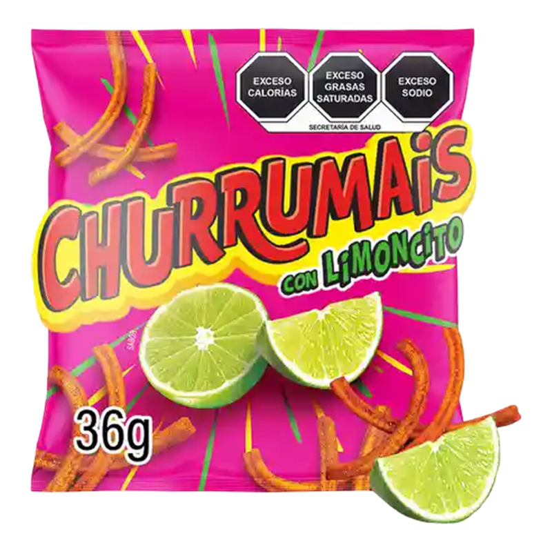 Bolsa rosa de botana California Leaf Churrumais con sabor a chile y limón, churritos de maíz crujientes de 36 gramos.