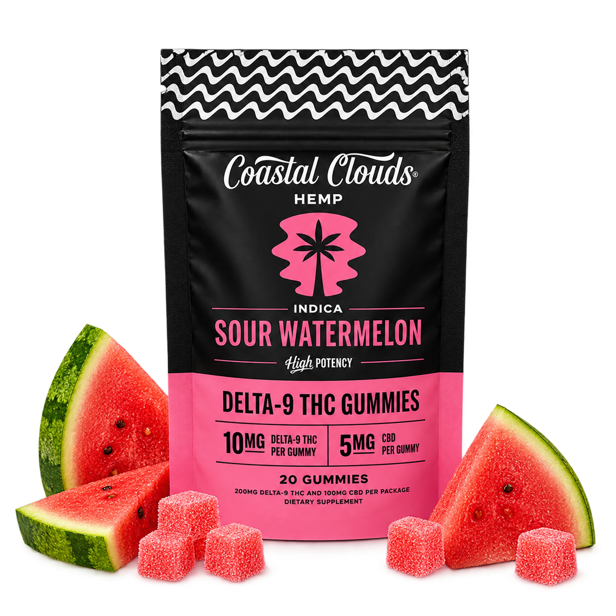 Coastal Clouds Sour Watermelon D9 THC Gummies + CBN Indica