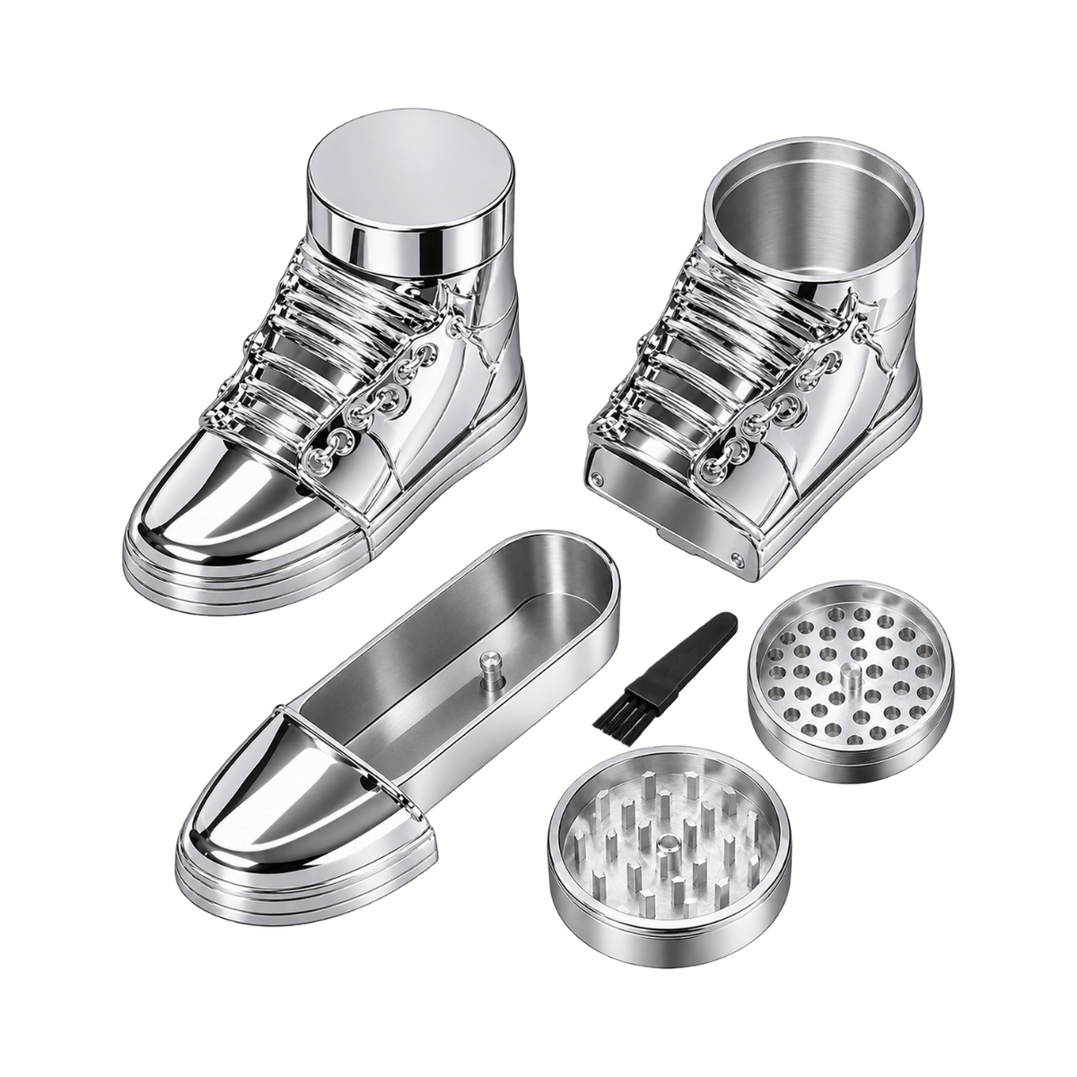 Grinder California Leaf de 4 partes con forma de sneaker metálico plateado de 52mm y cepillo de limpieza incluido