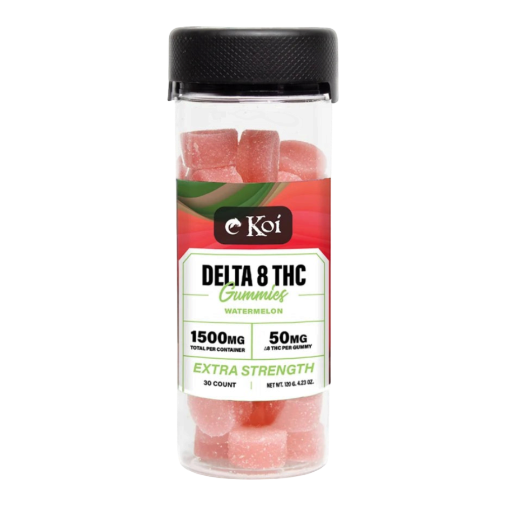 California Leaf Koi Extra Strength Delta 8 gummies sabor sandía en frasco transparente de 30 unidades