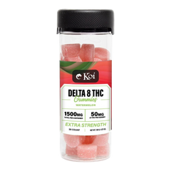 California Leaf Koi Extra Strength Delta 8 gummies sabor sandía en frasco transparente de 30 unidades