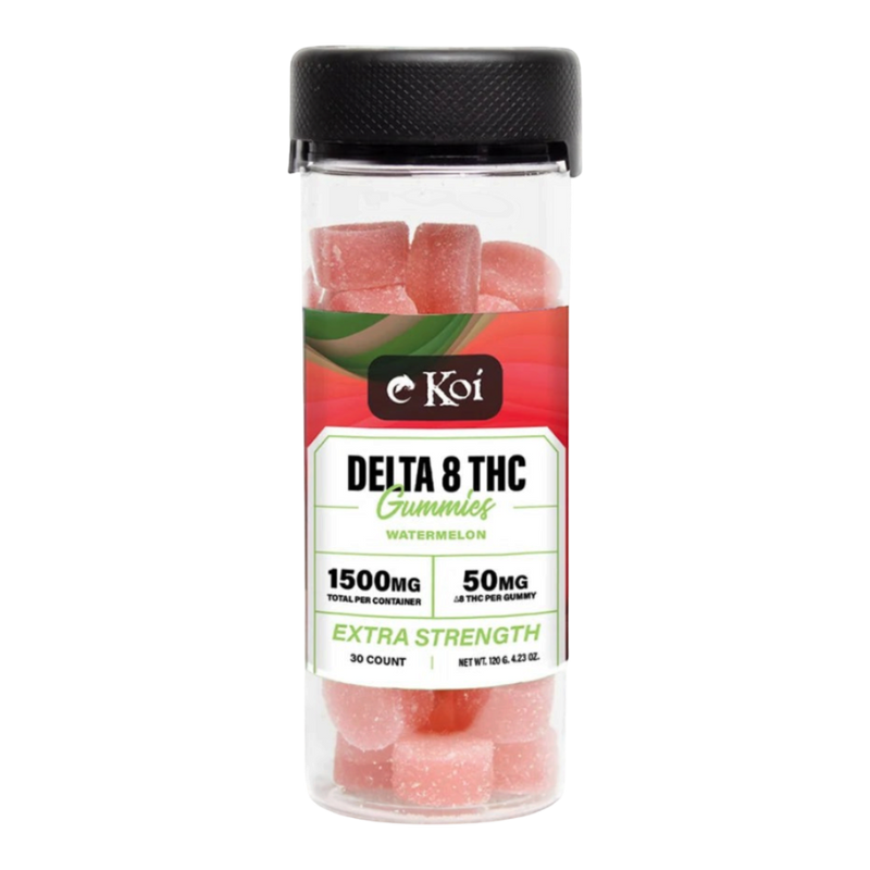 California Leaf Koi Extra Strength Delta 8 gummies sabor sandía en frasco transparente de 30 unidades