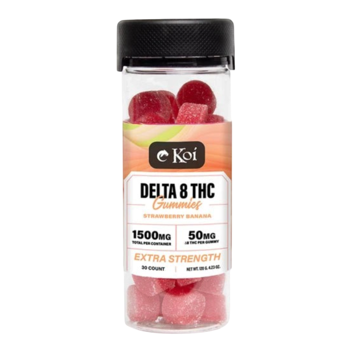 Frasco de California Leaf con 30 gomitas Delta 8 Koi sabor fresa y plátano, 1500mg de potencia extra