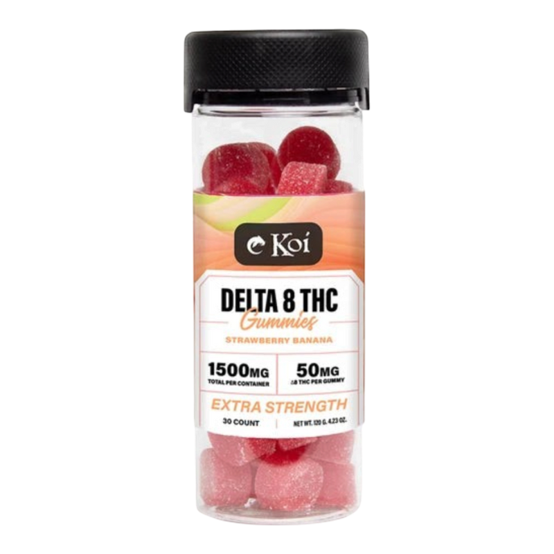 Frasco de California Leaf con 30 gomitas Delta 8 Koi sabor fresa y plátano, 1500mg de potencia extra