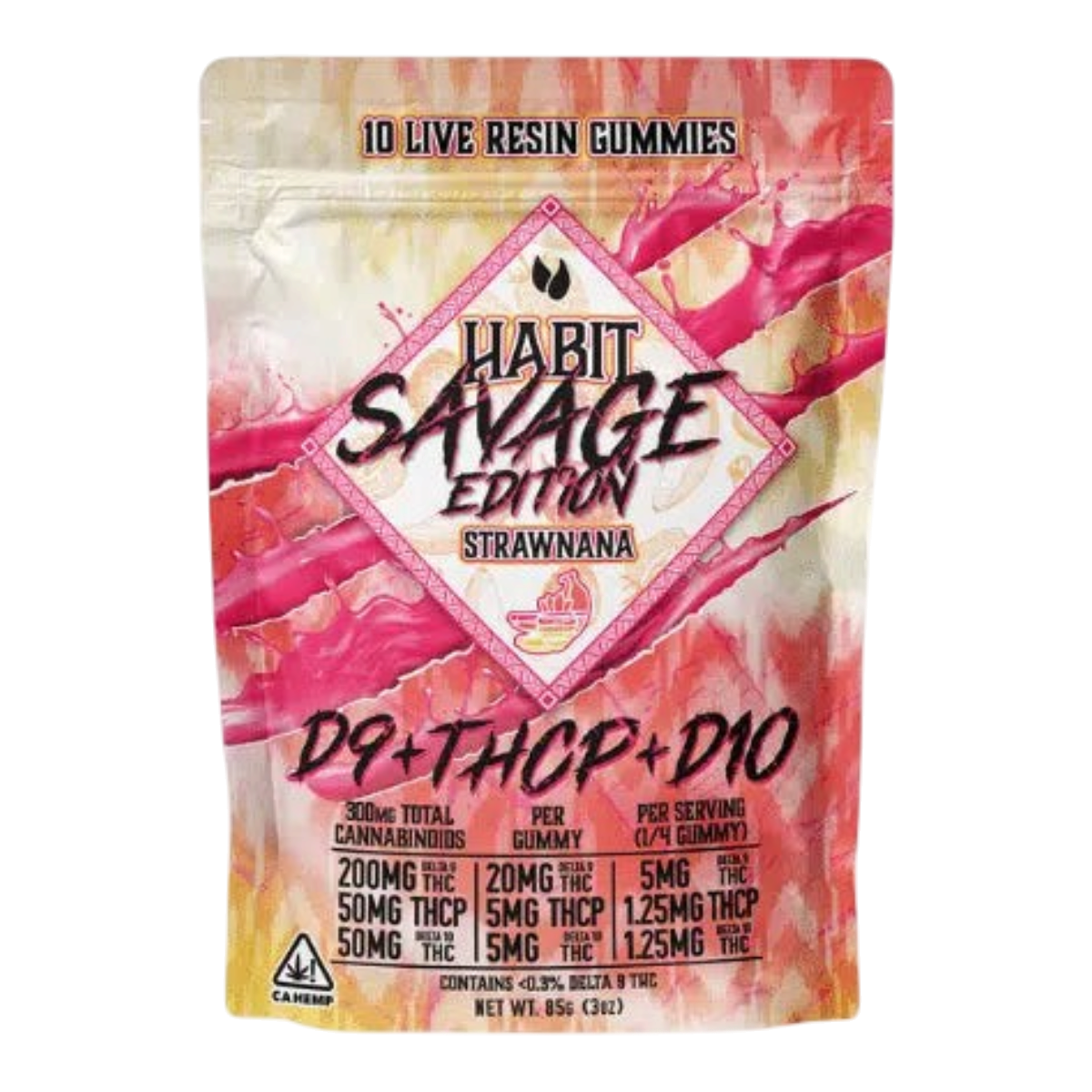 Empaque de California Leaf Habit Savage Edition Strawnana con 10 gomitas de resina viva y mezcla de cannabinoides.