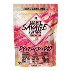 Empaque de California Leaf Habit Savage Edition Strawnana con 10 gomitas de resina viva y mezcla de cannabinoides.