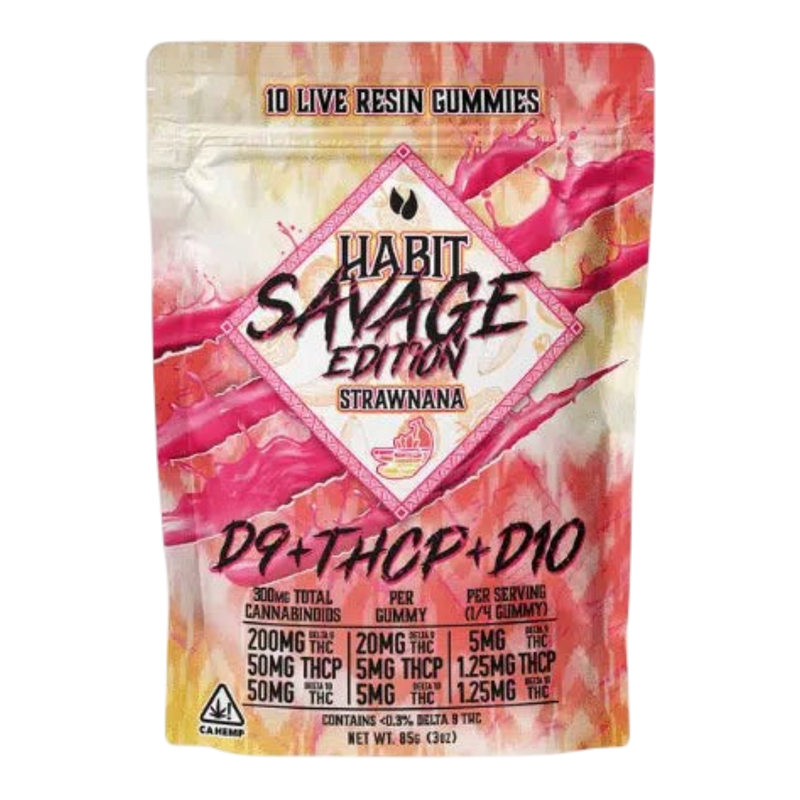 Empaque de California Leaf Habit Savage Edition Strawnana con 10 gomitas de resina viva y mezcla de cannabinoides.