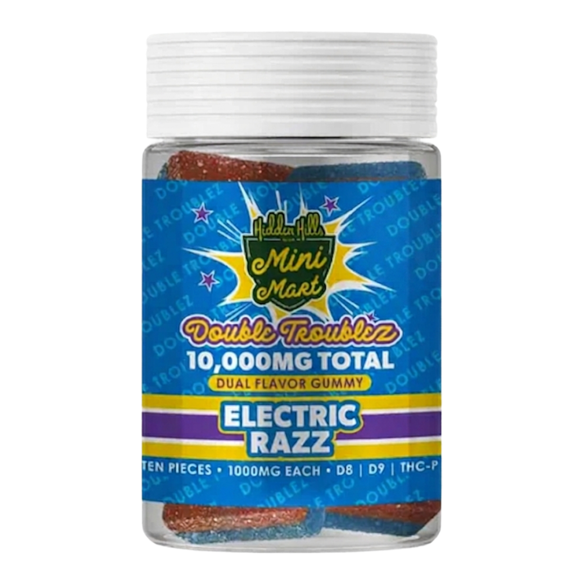 Frasco de gomitas California Leaf Hidden Hills Electric Razz con 10,000mg de cannabinoides D8, D9 y THC-P.