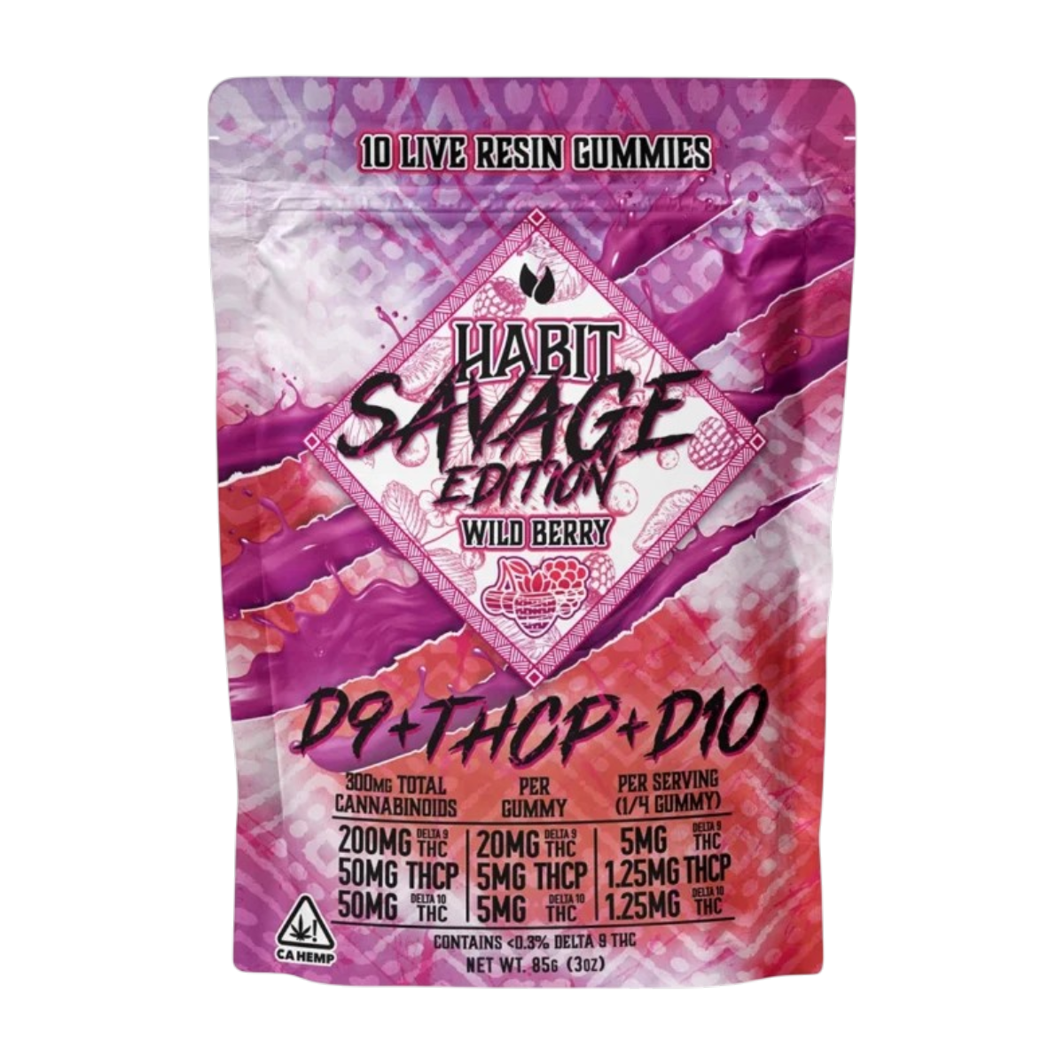 THCP Habit Gummy  Savage Wild Berry 10 Gomitas Delta 9  20 mg, Delta 10 THC 5 mg, THCP 5 mg