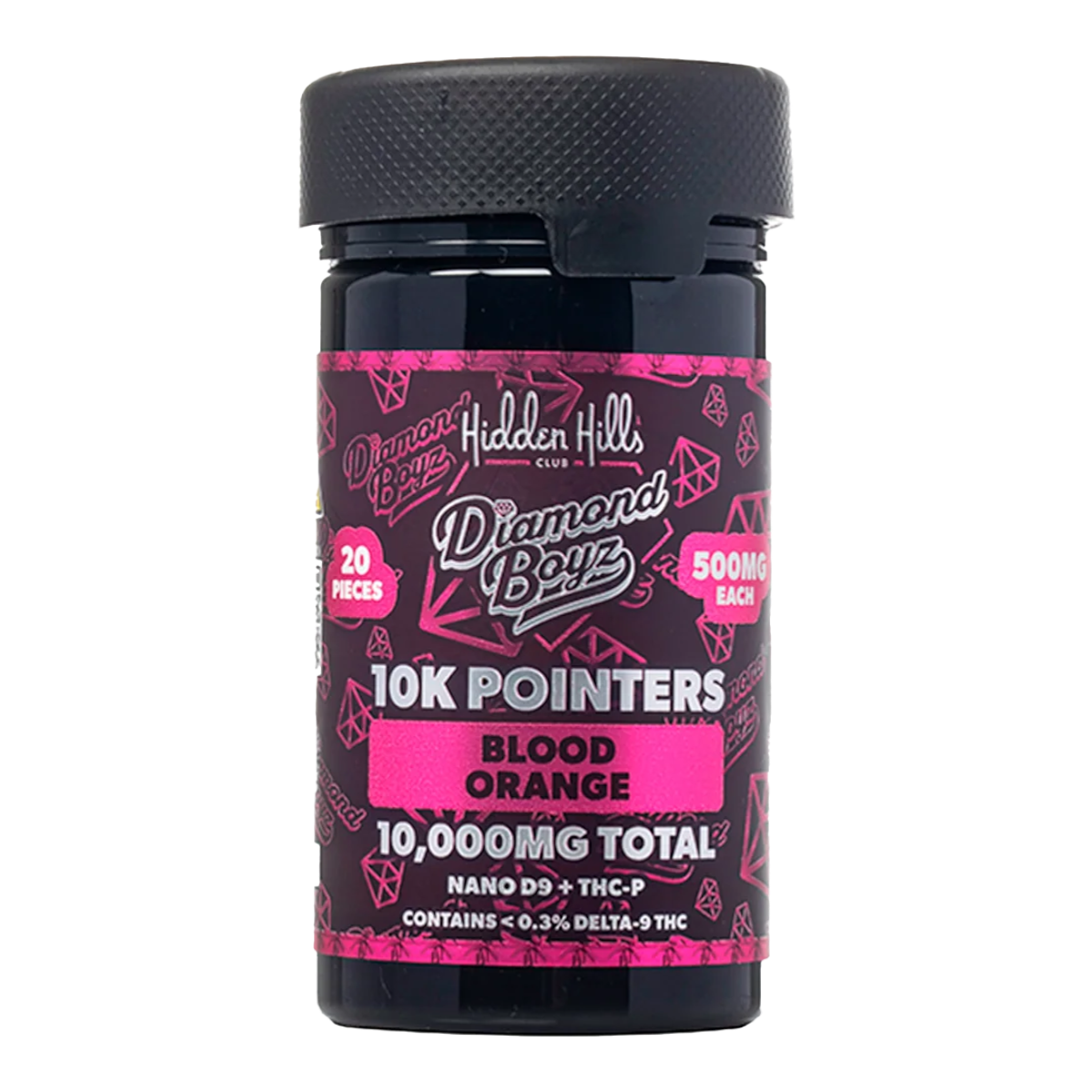 Frasco de gomitas California Leaf Hidden Hills Club 10K Pointers sabor Blood Orange con mezcla Nano D9 y THC-P