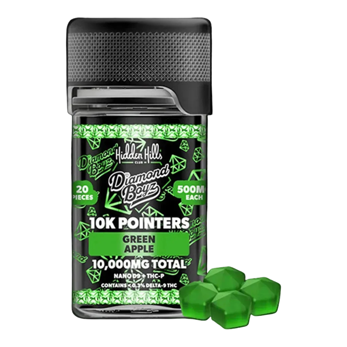 Frasco de gomitas California Leaf Hidden Hills 10k Pointers sabor Green Apple con 10,000mg de potencia total
