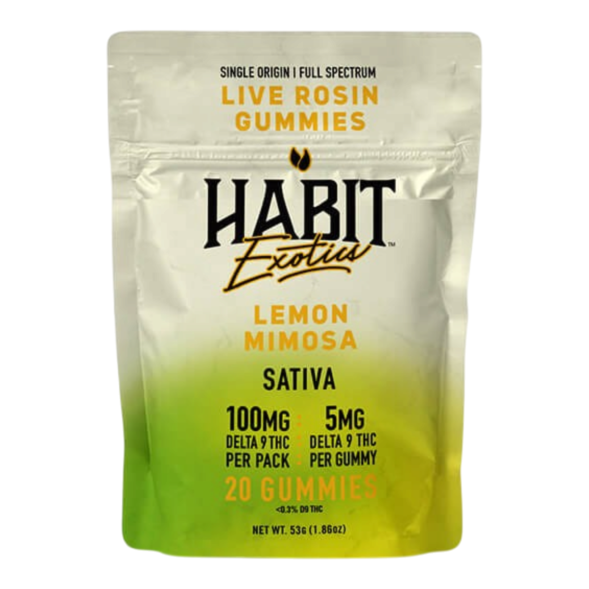 Empaque de California Leaf Habit Exotics con 20 gomitas de live rosin sabor Lemon Mimosa, variedad Sativa y 100mg THC.