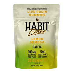 Empaque de California Leaf Habit Exotics con 20 gomitas de live rosin sabor Lemon Mimosa, variedad Sativa y 100mg THC.