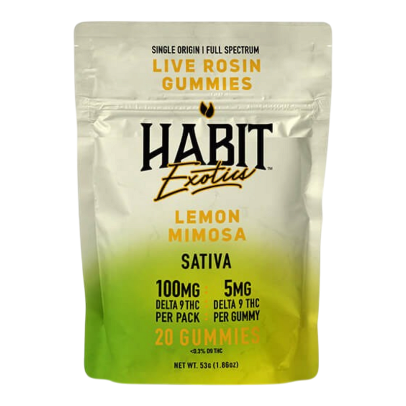 Empaque de California Leaf Habit Exotics con 20 gomitas de live rosin sabor Lemon Mimosa, variedad Sativa y 100mg THC.