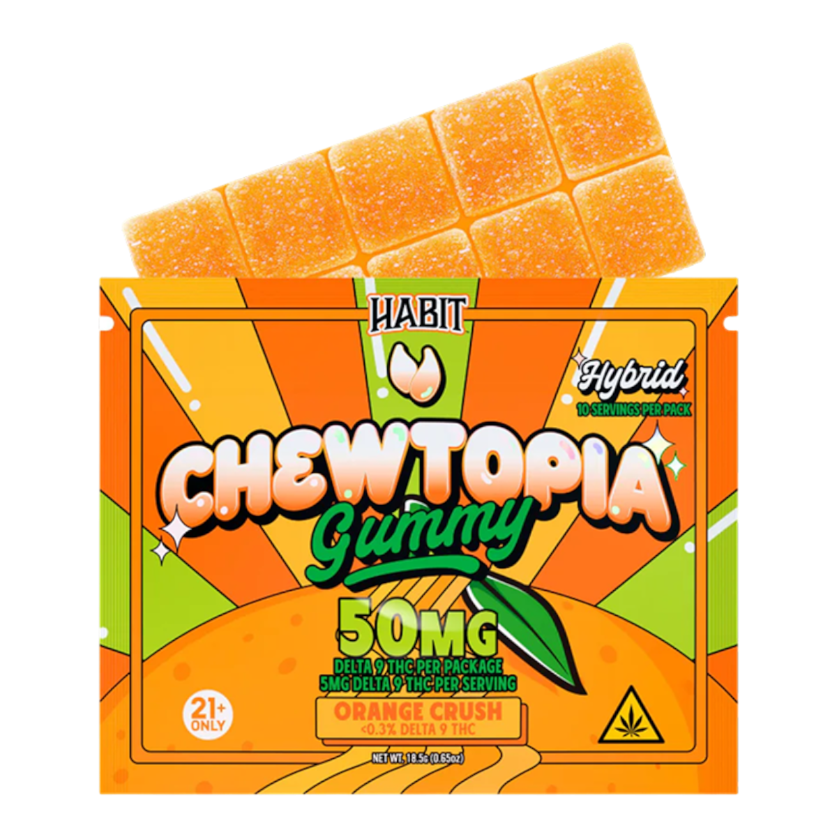 Gomitas California Leaf Habit Chewtopia sabor naranja con 50 mg de Delta 9 THC en barra segmentada de 10 porciones.