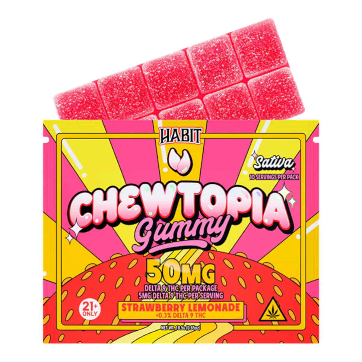 Gomitas California Leaf Habit Chewtopia sabor limonada de fresa con 50 mg de Delta 9 THC en barra segmentada