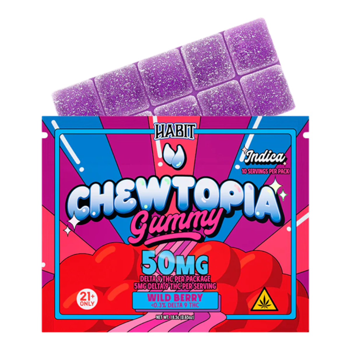 Gomita Indica California Leaf Habit Chewtopia sabor frutos silvestres con 50 mg de Delta 9 THC en barra segmentada
