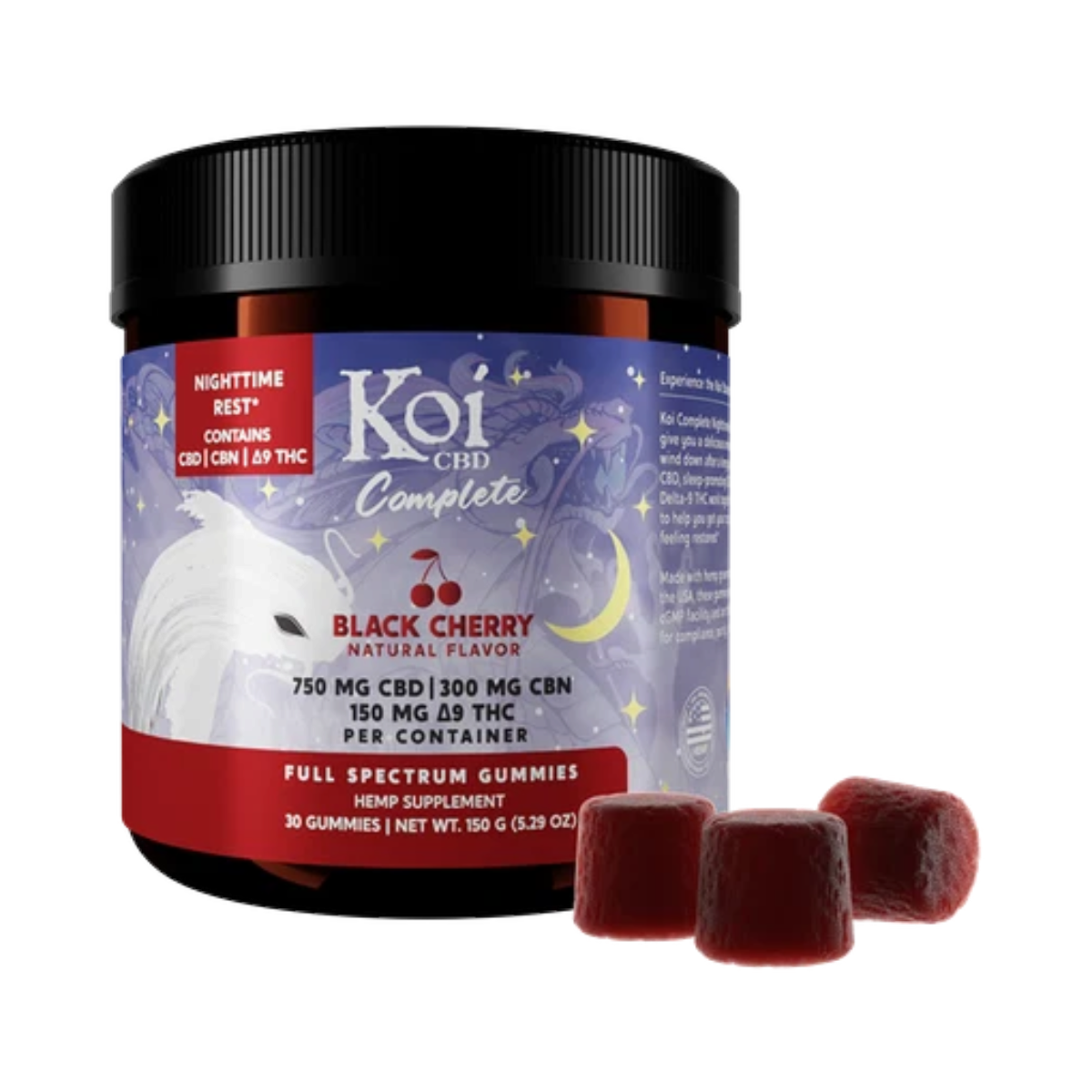Frasco de California Leaf Koi Complete Nighttime Gummies sabor Black Cherry con CBD, CBN y Delta-9 THC