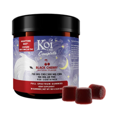 Frasco de California Leaf Koi Complete Nighttime Gummies sabor Black Cherry con CBD, CBN y Delta-9 THC