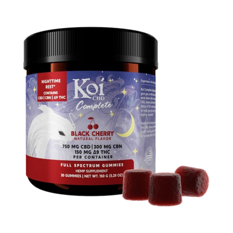 Frasco de California Leaf Koi Complete Nighttime Gummies sabor Black Cherry con CBD, CBN y Delta-9 THC