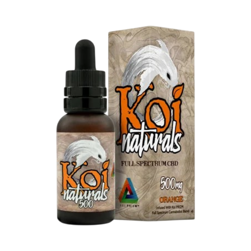 California Leaf Koi Naturals tintura de CBD sabor naranja de 500mg en frasco de 30ml con caja