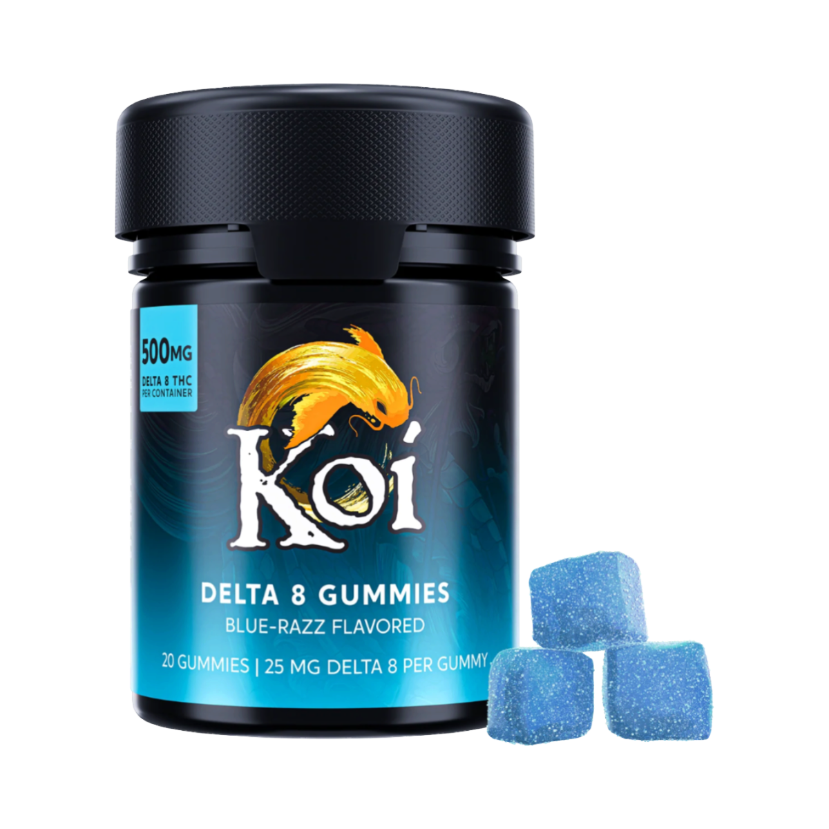 Frasco de California Leaf con 20 gomitas Koi Delta 8 sabor Blue Razz de 500mg, junto a tres gomitas azules azucaradas.