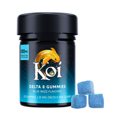 Frasco de California Leaf con 20 gomitas Koi Delta 8 sabor Blue Razz de 500mg, junto a tres gomitas azules azucaradas.
