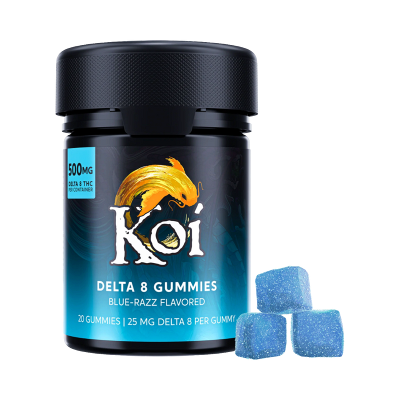 Frasco de California Leaf con 20 gomitas Koi Delta 8 sabor Blue Razz de 500mg, junto a tres gomitas azules azucaradas.