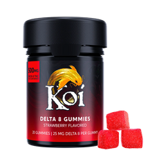 Frasco de California Leaf Koi Delta 8 Gummies sabor fresa con 20 piezas y 500mg de THC total