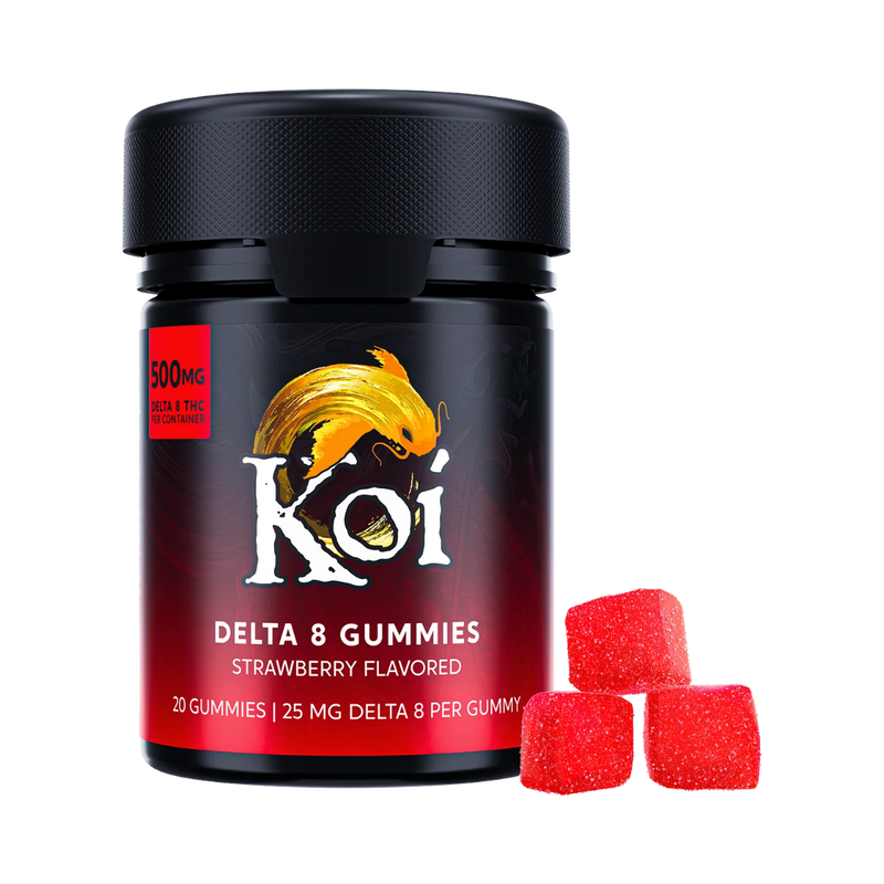 Frasco de California Leaf Koi Delta 8 Gummies sabor fresa con 20 piezas y 500mg de THC total
