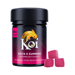 Frasco de California Leaf Koi Delta 8 Gummies sabor sandía con 20 piezas y 500mg de THC total
