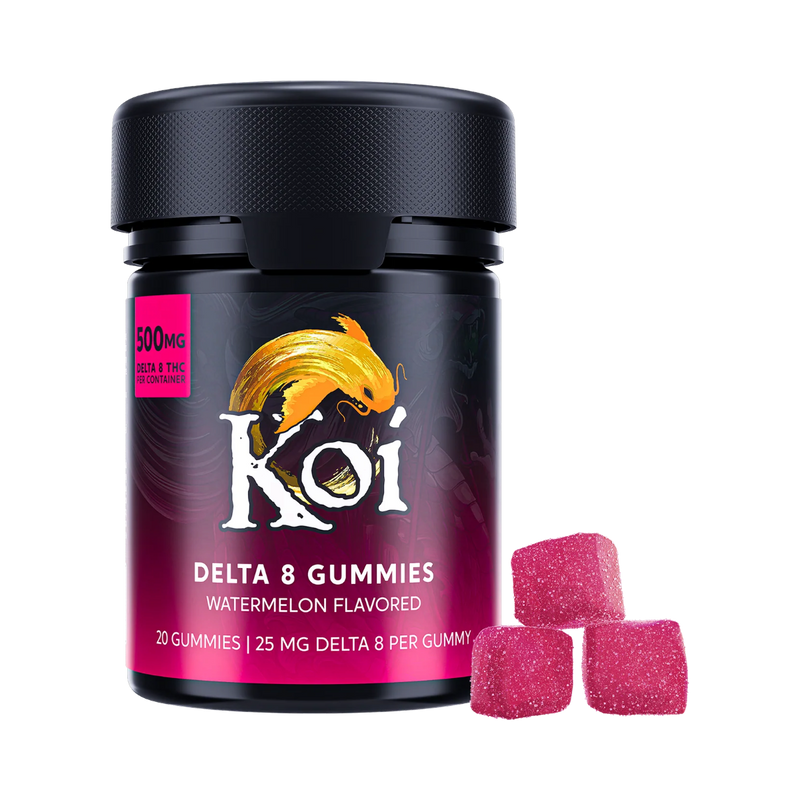 Frasco de California Leaf Koi Delta 8 Gummies sabor sandía con 20 piezas y 500mg de THC total