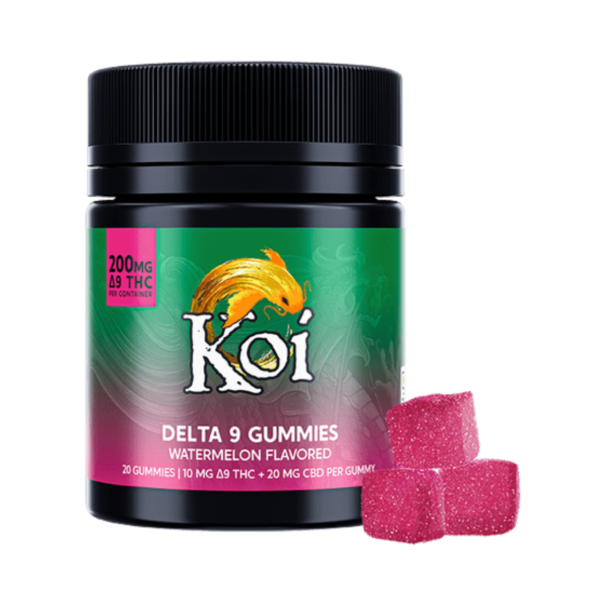 Frasco de California Leaf Koi Delta 9 Gummies sabor sandía con 20 piezas, 200mg THC y 400mg CBD en total
