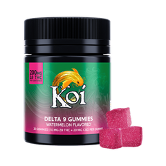 Frasco de California Leaf Koi Delta 9 Gummies sabor sandía con 20 piezas, 200mg THC y 400mg CBD en total