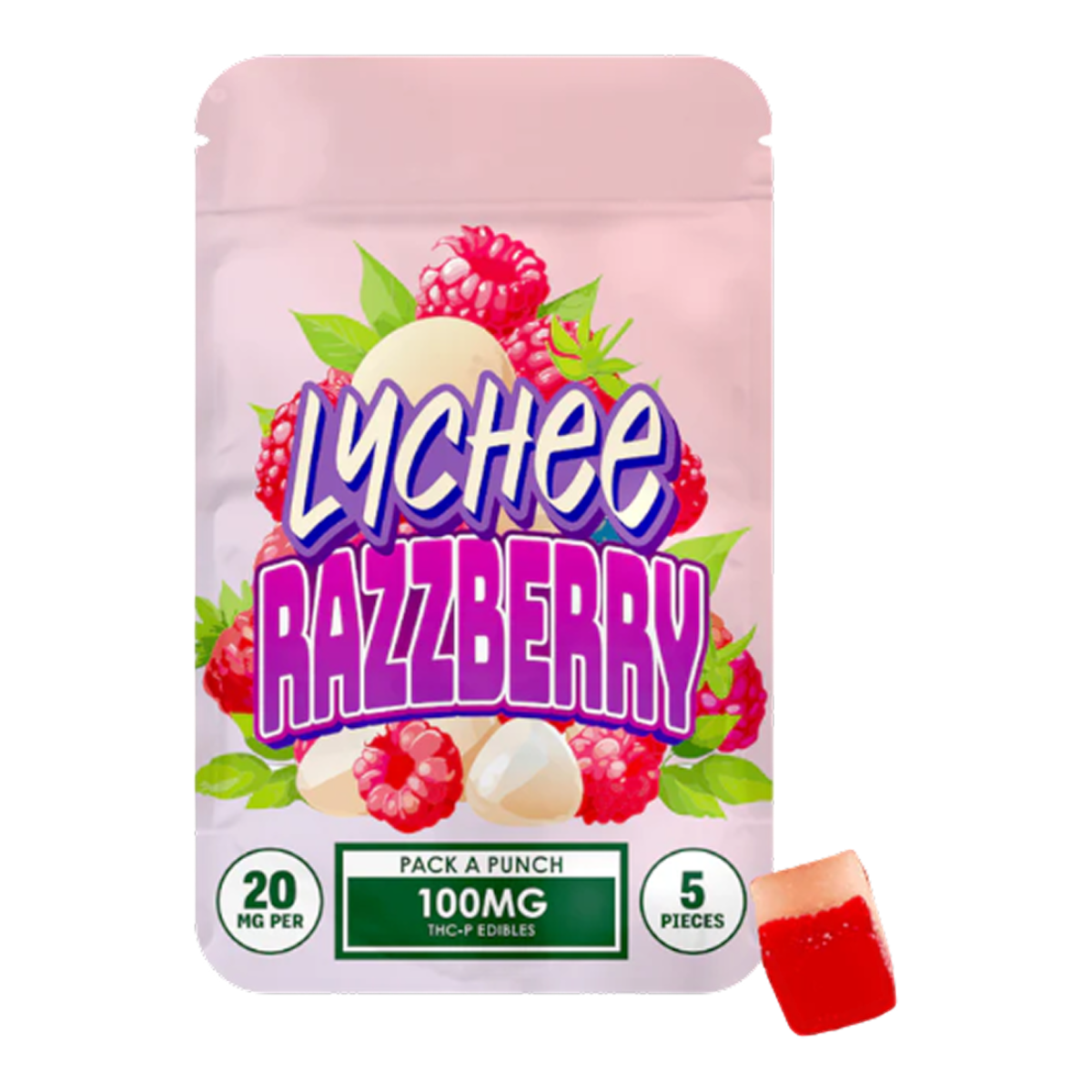 Gomitas California Leaf Hidden Hills Lychee Razzberry con 100mg de THC-P en empaque rosa con 5 piezas.