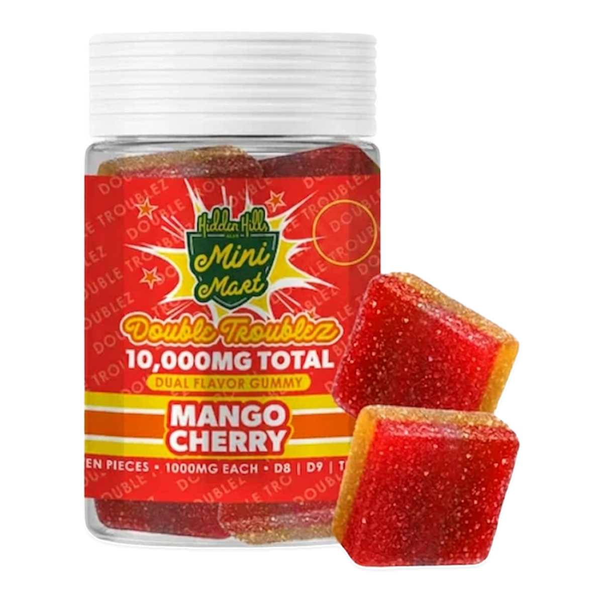 Gomitas California Leaf Hidden Hills Mango Cherry de doble sabor con 10000mg en frasco transparente
