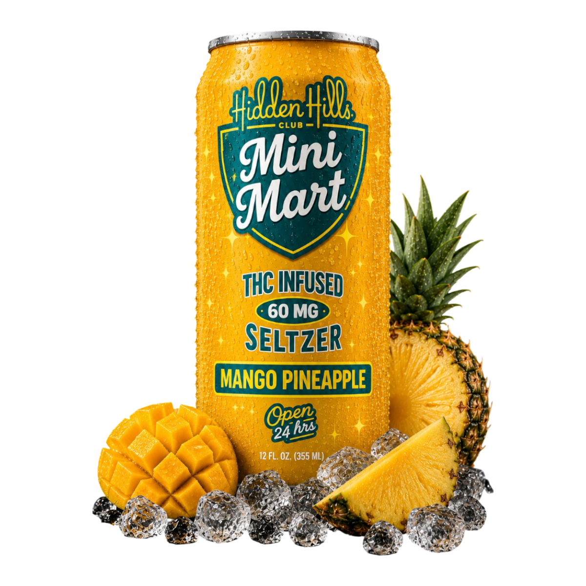 Bebida California Leaf Hidden Hills Mini Mart con 60mg de THC sabor mango y piña en lata de 355ml con hielo