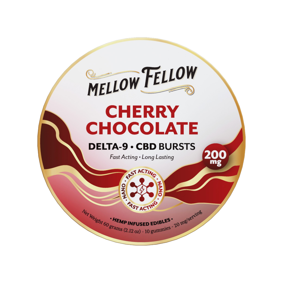 THC Mellow Fellow Bursts 10pz Edibles 200mg Nano Delta-9 + CBD Cherry Chocolate