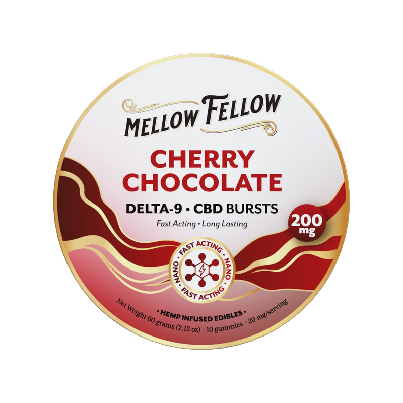 THC Mellow Fellow Bursts 10pz Edibles 200mg Nano Delta-9 + CBD Cherry Chocolate-1