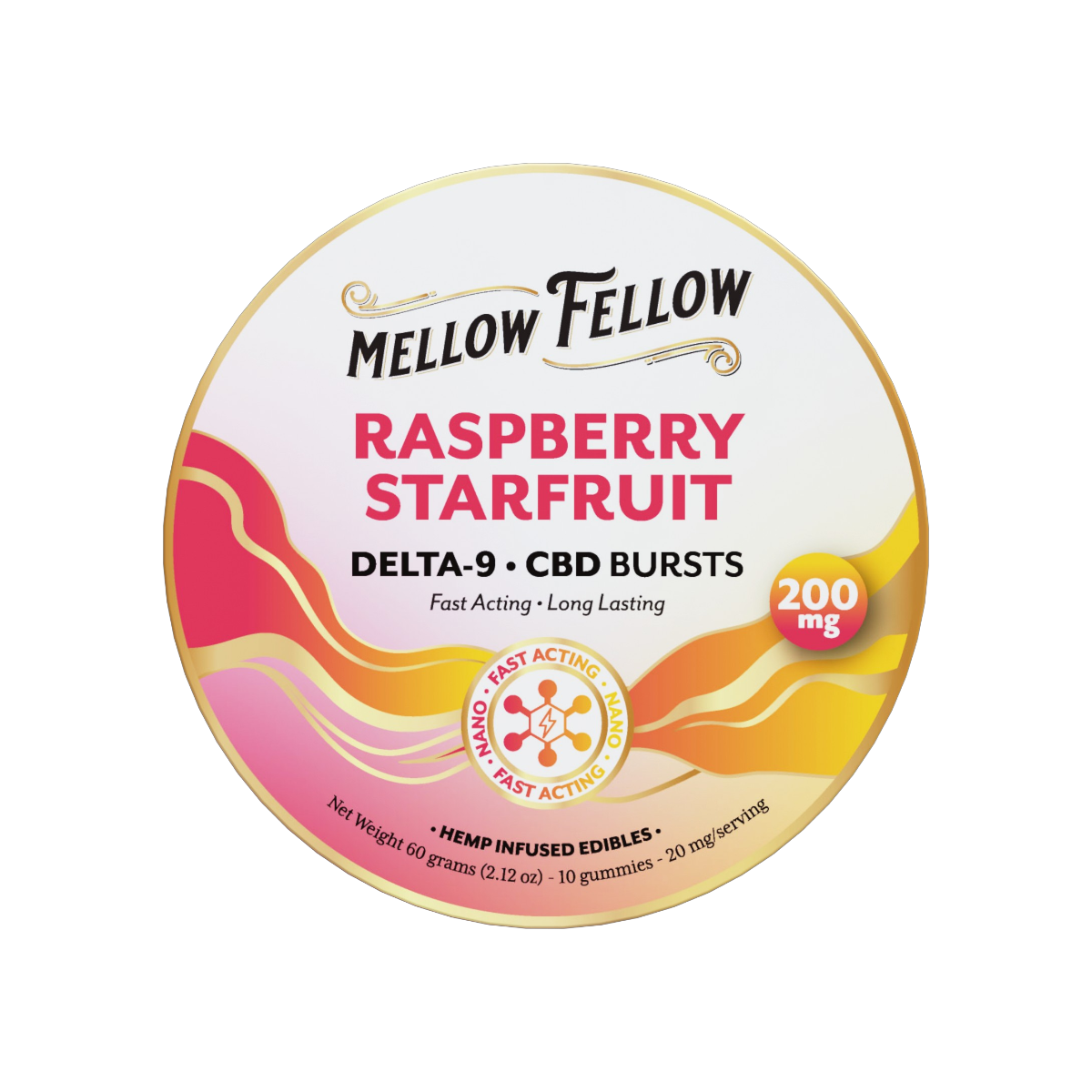 THC Mellow Fellow Bursts 10pz Edibles 200mg Nano Delta-9 + CBD Raspberry Starfruit-1